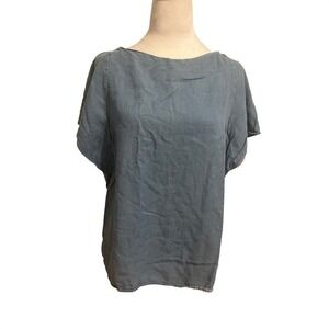 Massimo Dutti 10 blue chambray short bell sleeve blouse top quiet luxury lagen